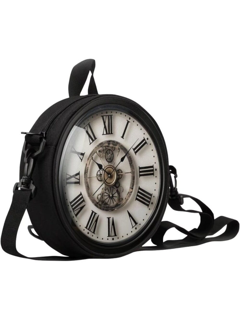 🎃Women White-Pattern Novelty Round Clock Shape Zipper Clock Purses Shoulder Bag